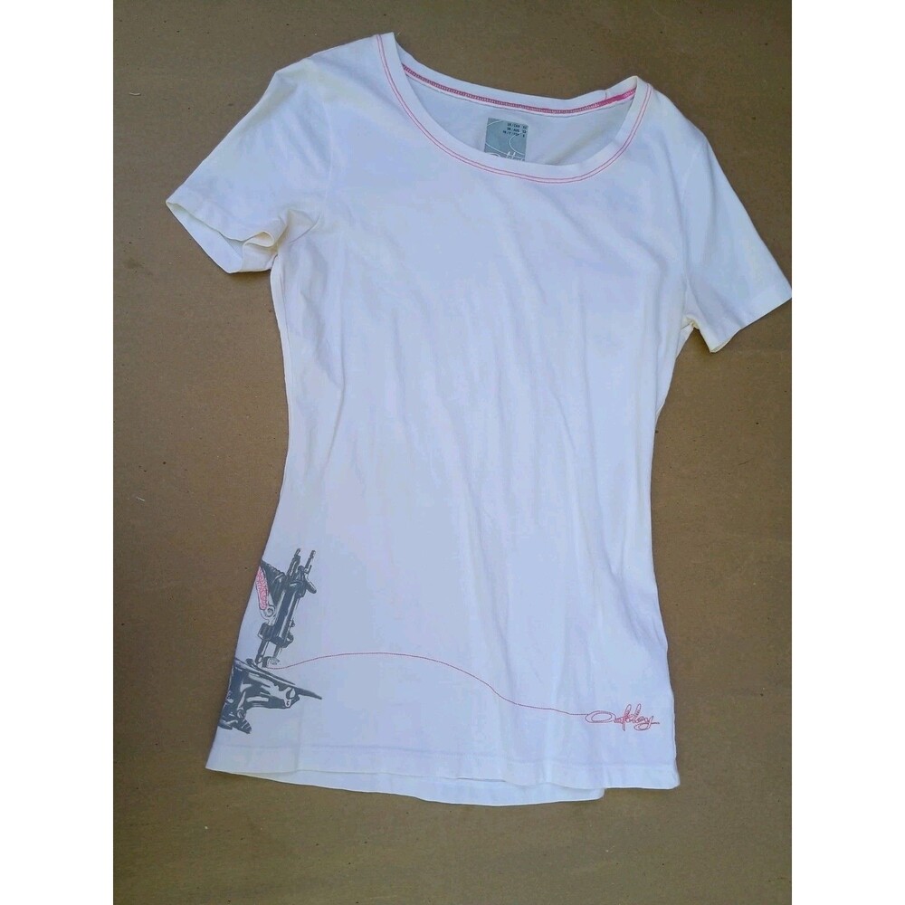 Women's White Oakley T Shirt Y2K Pink Stitching Sewing Machine Sz XS Preppy